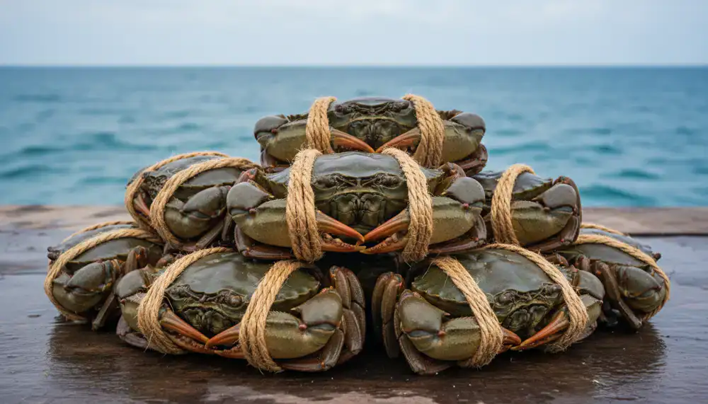 Live mud crabs bound with string