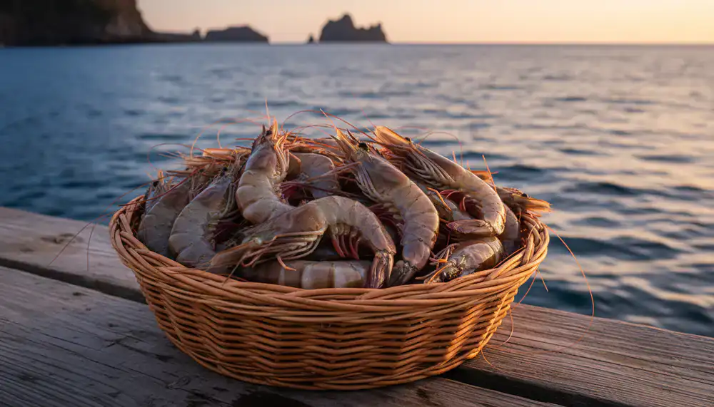 Basket of fresh large prawns