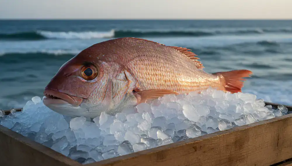 Vibrant display of fresh whole fish on ice at the market
