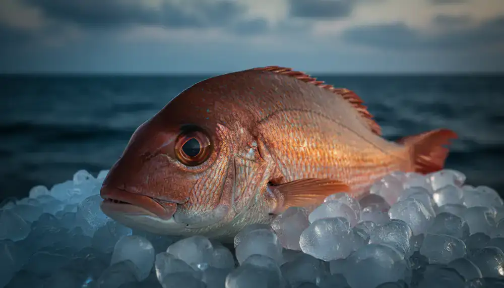 Freshly caught whole fish displayed on crushed ice