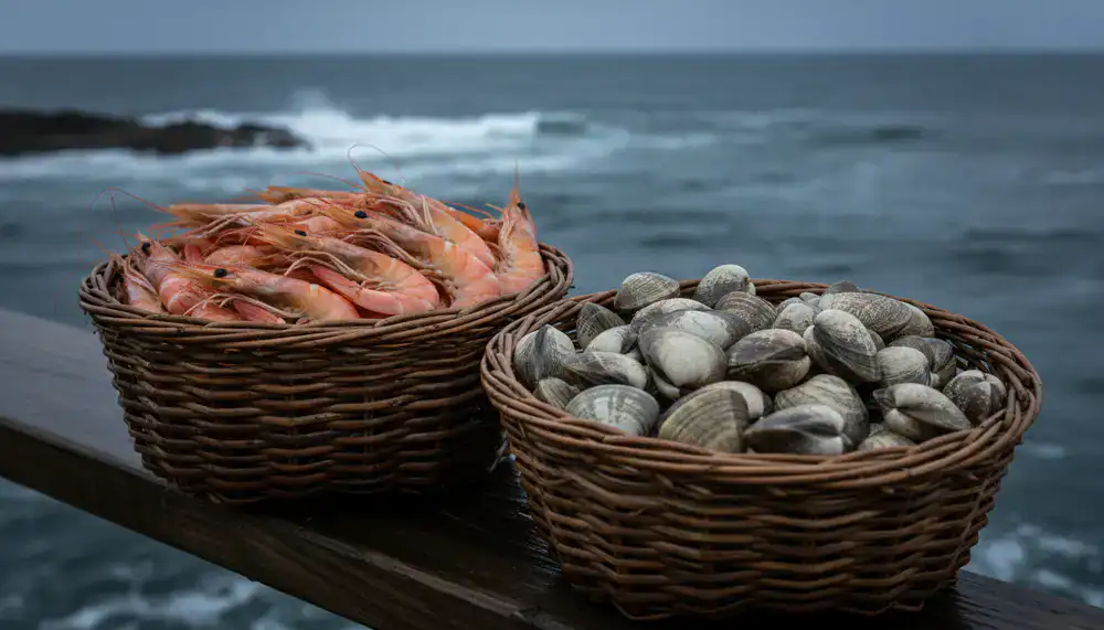 Fresh prawns and clams in baskets