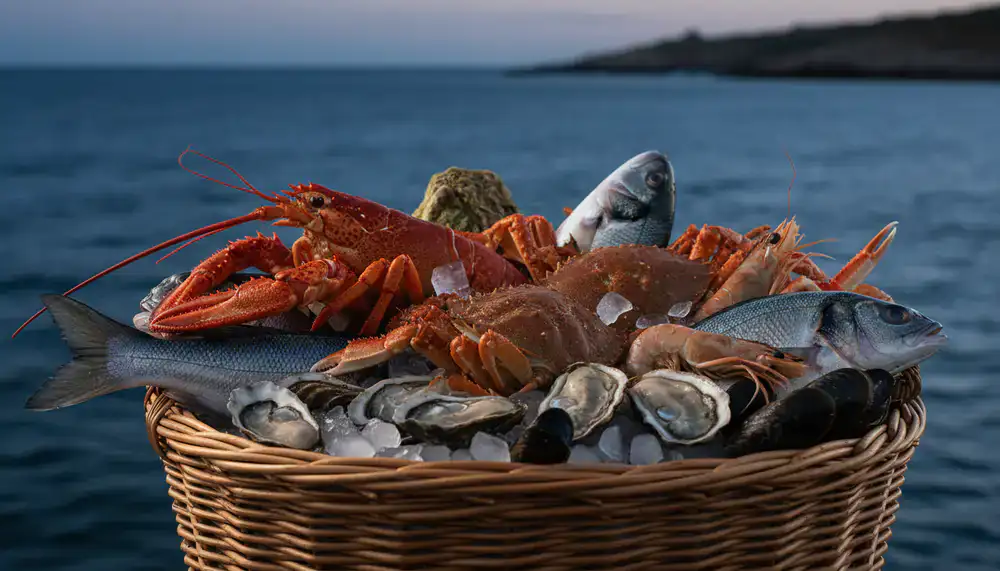 Basket of freshly caught seafood on ice
