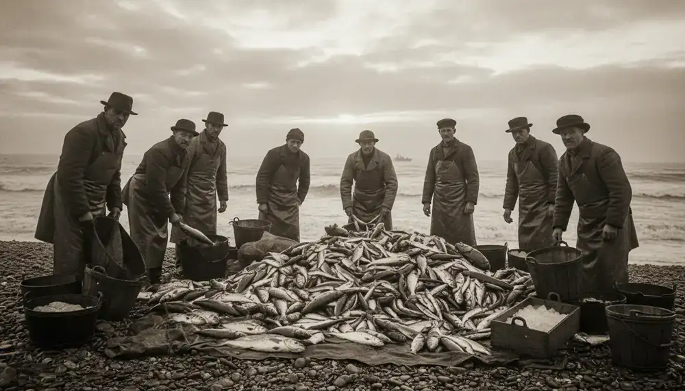 Busy fresh fish market scene with ice-packed seafood