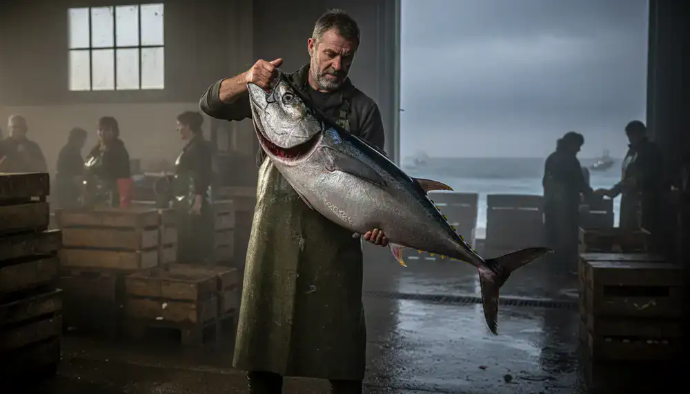 Fishmonger lifting a large fish to inspect the gills